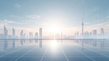 Shanghai skyline and cityscape with skyscrapers at sunsetの素材