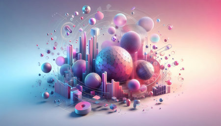3d rendering of abstract colorful background with balls and graph in spaceの素材