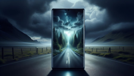 Smartphone on the road in the middle of the field. 3D renderingの素材