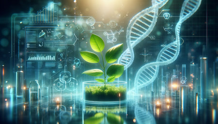 Biochemistry science research and development concept with green plant growing in test tubeの素材