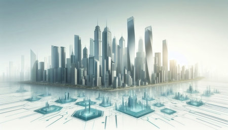 3D rendering of a futuristic city with skyscrapers in the backgroundの素材