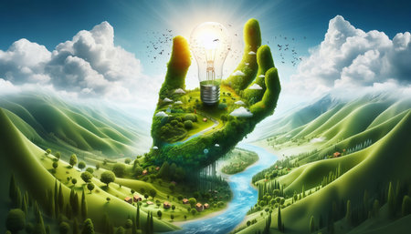 Conceptual image of human hand holding lightbulb in green environmentの素材