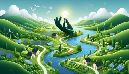 Hand holding light bulb in the middle of nature landscape. Vector illustration.の素材