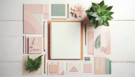 Flat lay composition with stationery on white wooden background, top viewの素材
