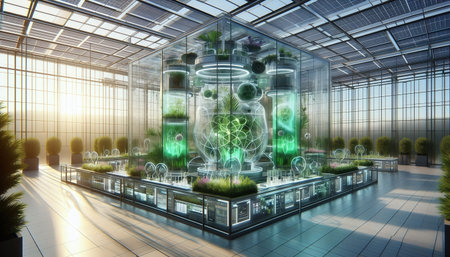 3d rendering of laboratory glassware with green plants in glass roomの素材
