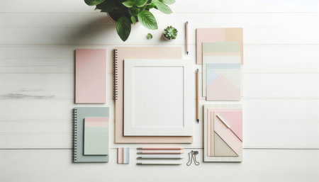 Flat lay composition with blank photo frame, stationery and plant on white wooden backgroundの素材