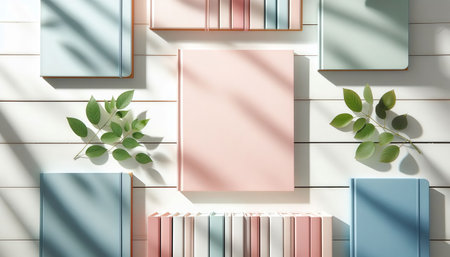 3d rendering of books and green leaves on white wooden wall.の素材