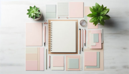 Top view of modern workplace with blank notepad, stationery and plants. Mock upの素材