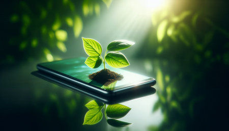 Smartphone with sprout growing out of the screen. The concept of protecting the environment.の素材