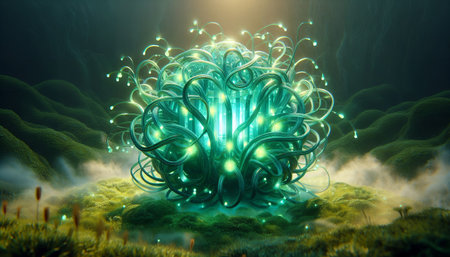 Fractal 3D Illustration of a green sphere surrounded by green particlesの素材
