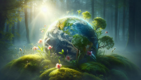Fantasy landscape with planet earth and flowers. Elements of this image furnished by NASAの素材