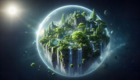 Fantasy landscape with green planet and trees. 3d rendering.の素材