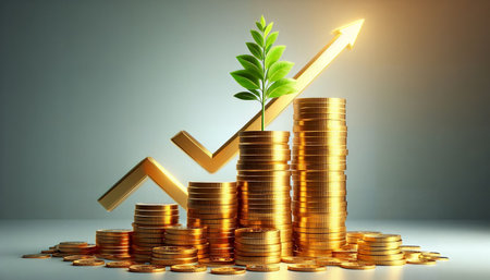 Investment concept, Gold coin stack with green plant growing on itの素材