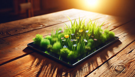 Grass and flowers on wooden table. 3d rendering. Computer digital drawing.の素材