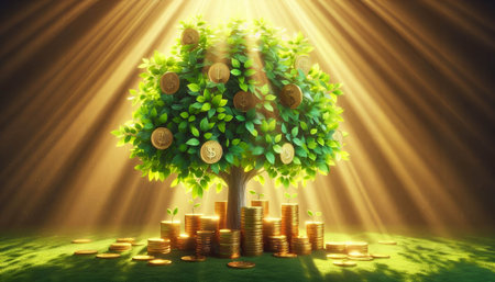 Investment concept, Coins tree growing on coins, 3d renderの素材