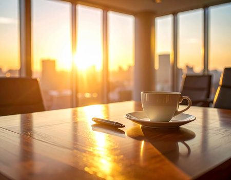 Coffee cup on wooden table with cityscape view background.の素材