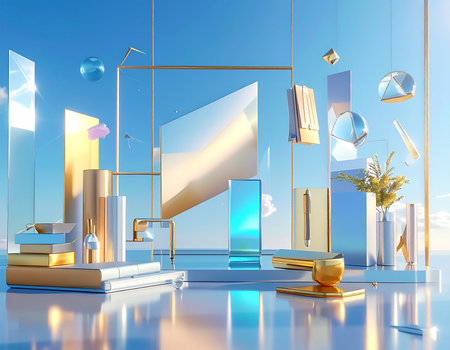 3d rendering of a modern interior with a golden podium and a glass showcaseの素材