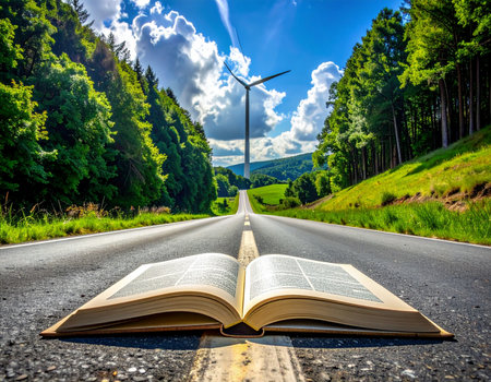 Open book with wind turbine on asphalt road and forest in the backgroundの素材