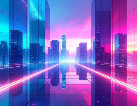 Futuristic cityscape with high-rise buildings and neon lightsの素材