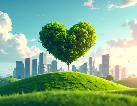 Green tree in heart shape on green meadow with cityscape backgroundの素材