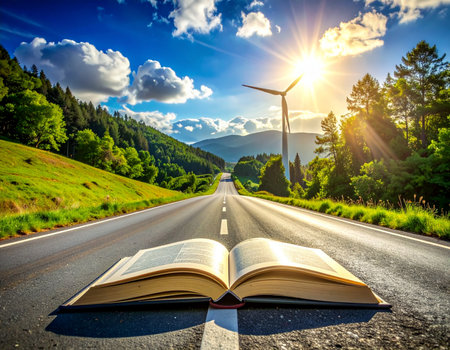 Open book on the road with wind turbines in the background. Conceptual imageの素材