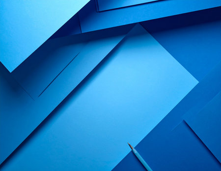 Blue abstract background with paper and pencils. 3d render illustrationの素材