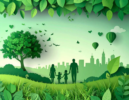 Family in the city park with green nature background. Vector illustration.の素材