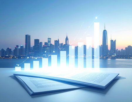Business graph on book with cityscape background, business and financial conceptの素材