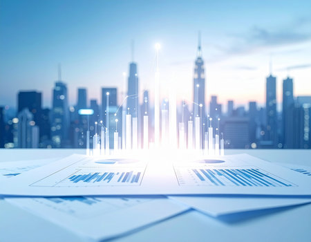 financial chart on the table with cityscape and skyscrapers backgroundの素材
