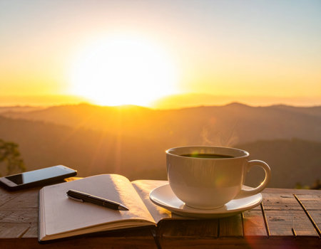 Coffee cup with notebook and smartphone on wooden table with beautiful sunriseの素材