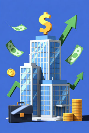 Vector illustration of skyscraper with dollar sign and money on blue backgroundの素材