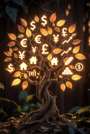 Money tree in the forest. Conceptual image of savings, investments and investments.の素材