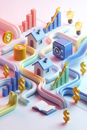 3d illustration of house, money, coins and lightbulbsの素材