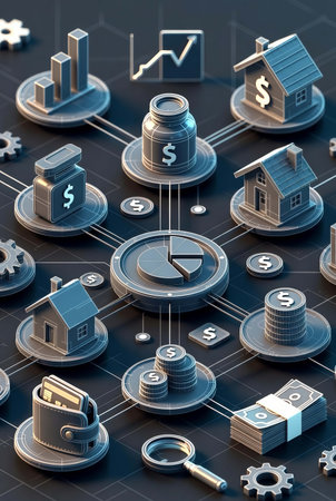 3d illustration of the concept of real estate investment with houses, coins and business chartsの素材
