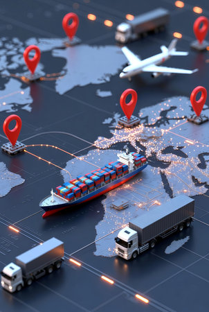 Cargo transportation on the map of the world. 3d renderingの素材