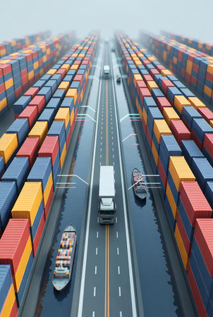 Containers on the road in the port. 3D rendering.の素材