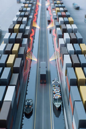 Container Cargo freight ship with working crane bridge in import export and transportation concept.の素材