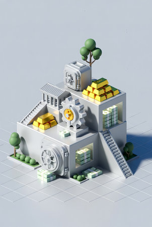 3d illustration of a bank building with a lot of gold coinsの素材