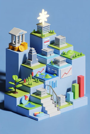 Miniature city with business and finance symbols. 3D illustration.の素材