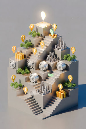 Miniature city in form of stairs and light bulb on grey backgroundの素材