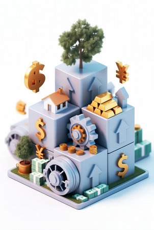 Real estate concept. 3D illustration of a house with a tree on top of a building made of blocks.の素材