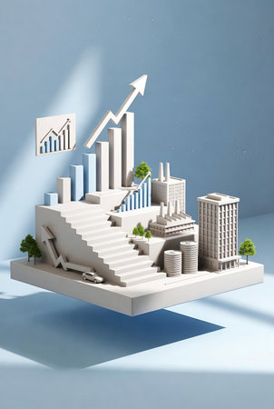 3d render of a modern city on a blue background with a graphの素材