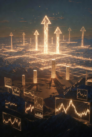 Futuristic city with glowing arrows and charts. 3D renderingの素材
