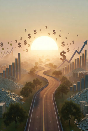3d rendering of a road in the city at sunset with dollar signsの素材