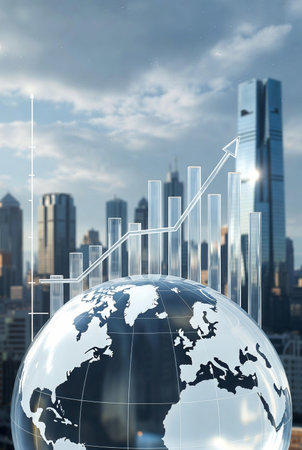 Business graph and world globe on cityscape background. 3D renderingの素材