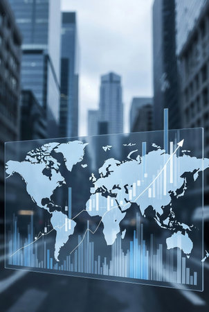 business graph and world map on blurred city background, business and financial conceptの素材