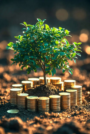 Investment concept, Money tree growing from coins on the ground.の素材