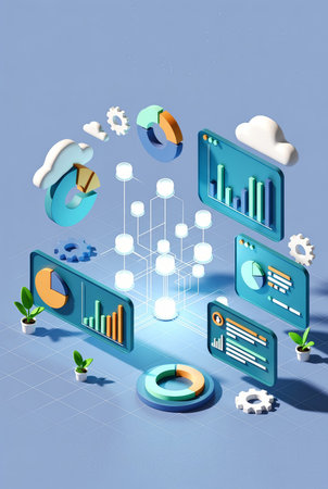 Cloud computing technology concept with icons on blue background. 3d illustrationの素材