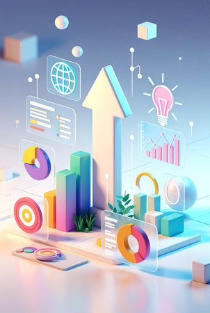 3d rendering business graph and chart on blue background. 3d illustration.の素材