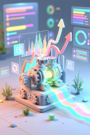 3d rendering of gear wheel with business graph on blue background.の素材